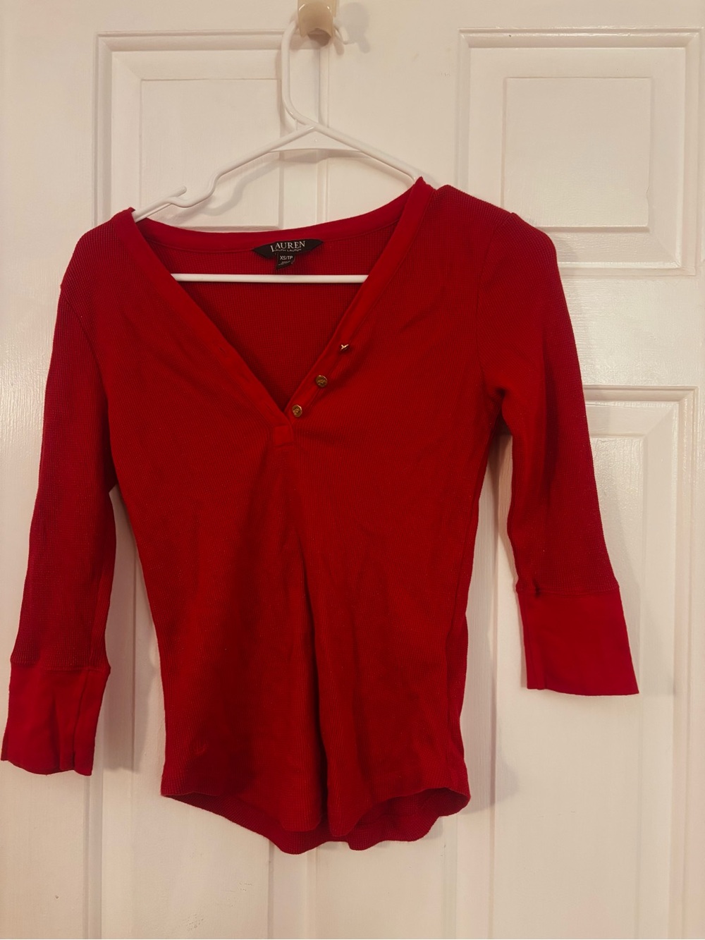 Lauren Ralph Lauren Red Ribbed V-Neck Henley Top